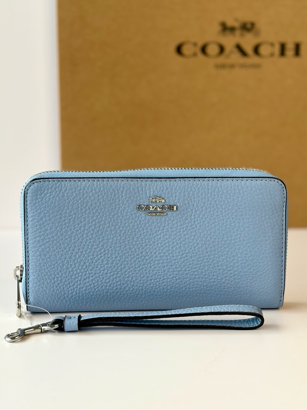 Coach Light Blue Pebbled Leather Zip-Around Wristlet Wallet